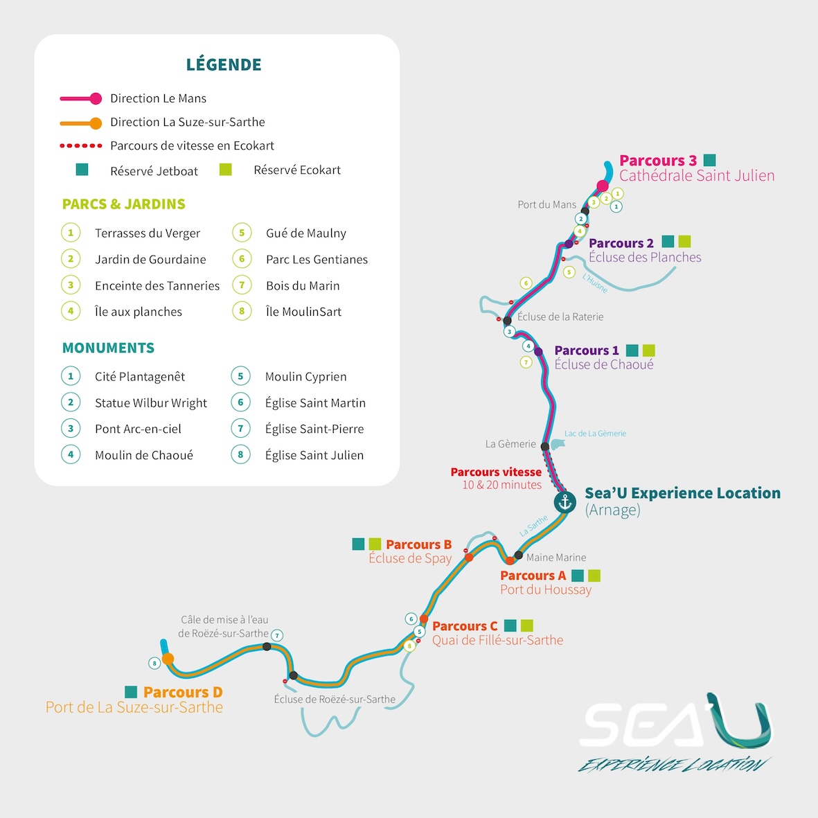 Plan des balades proposées par Sea'U Experience Location sur La Sarthe.